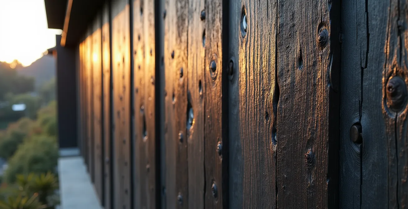 Détail photographique d'une facade en bois brûlé Shou Sugi Ban montrant l'évolution naturelle de la teinte et la patine du bois