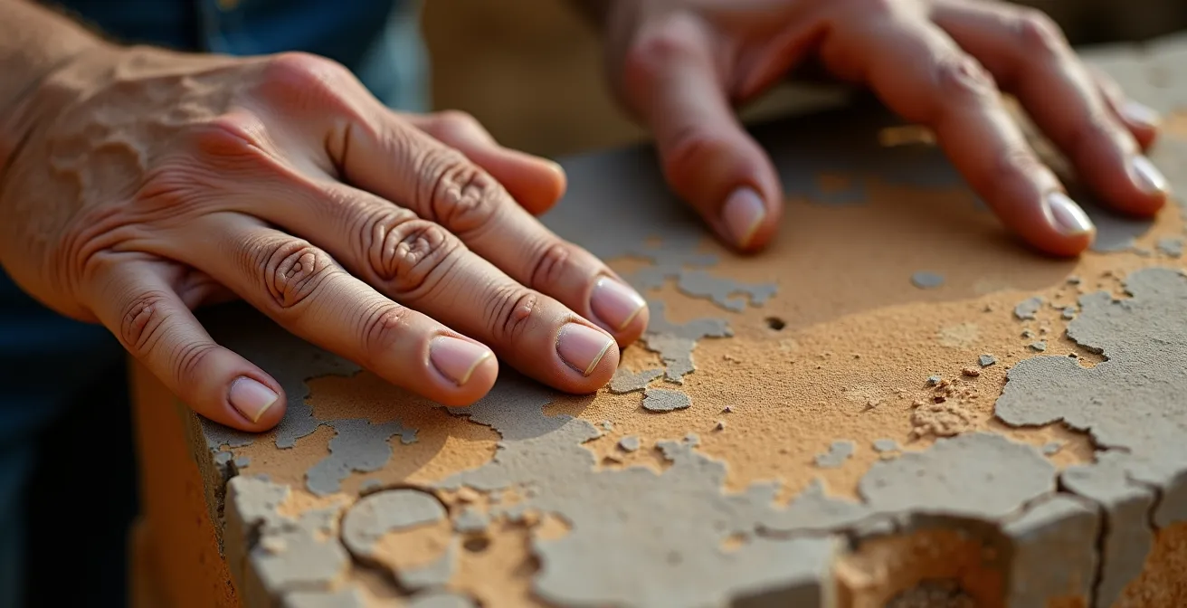 Gros plan photographique sur les mains d'un artisan polissant une pierre naturelle extraite de carrière locale