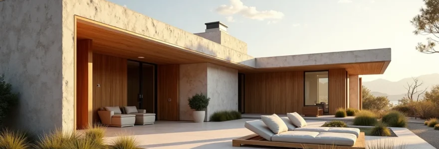 Maison contemporaine de luxe intégrant matériaux écologiques naturels et architecture bioclimatique