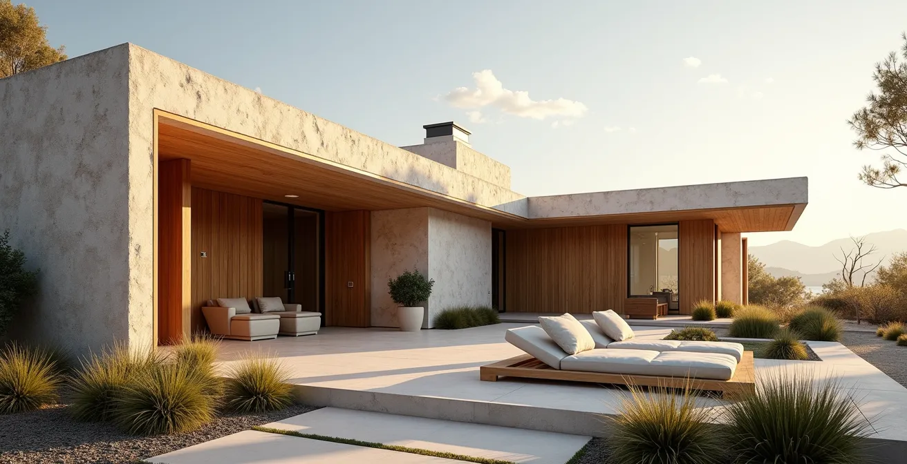 Maison contemporaine de luxe intégrant matériaux écologiques naturels et architecture bioclimatique