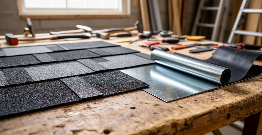 Échantillons de bardeaux, métal et membrane posés sur une table de travail