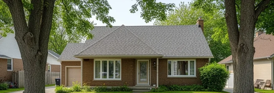 Maison résidentielle québécoise avec toiture en bardeaux dans un quartier de banlieue