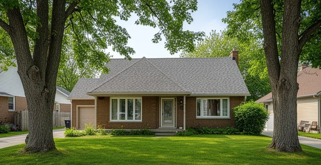 Maison résidentielle québécoise avec toiture en bardeaux dans un quartier de banlieue