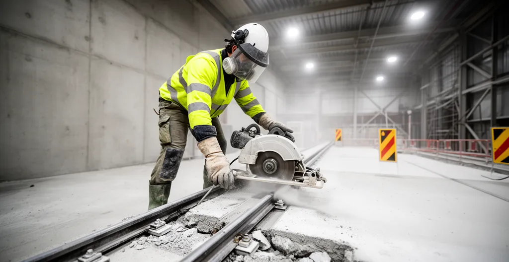 Opérateur utilisant scie sur rail pour découpe béton sur dalle
