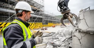 Technicien supervisant robot d'hydrodémolition sur structure béton industrielle