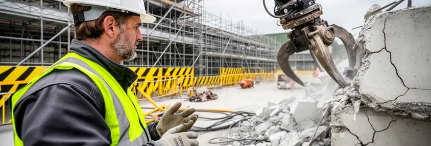 Technicien supervisant robot d'hydrodémolition sur structure béton industrielle