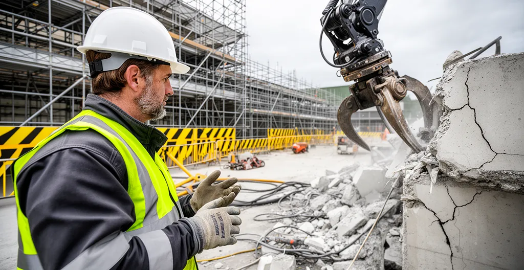 Technicien supervisant robot d'hydrodémolition sur structure béton industrielle