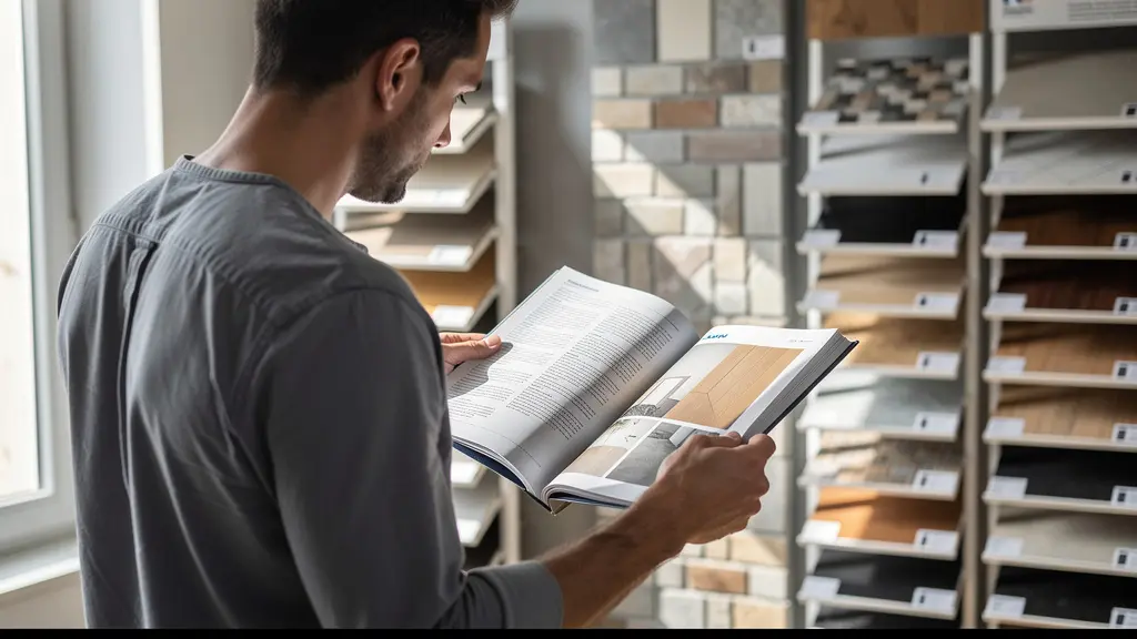 Client consultant un catalogue produit dans un showroom de matériaux de construction