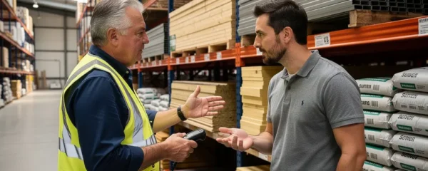 Conseiller en gilet haute visibilité discutant avec un client devant des rayonnages de matériaux de construction