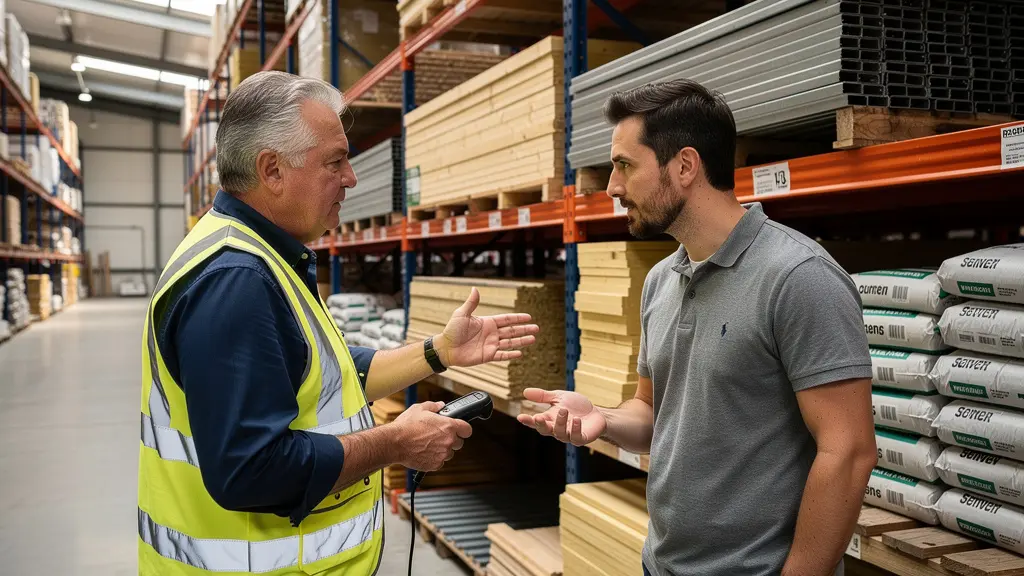Conseiller en gilet haute visibilité discutant avec un client devant des rayonnages de matériaux de construction