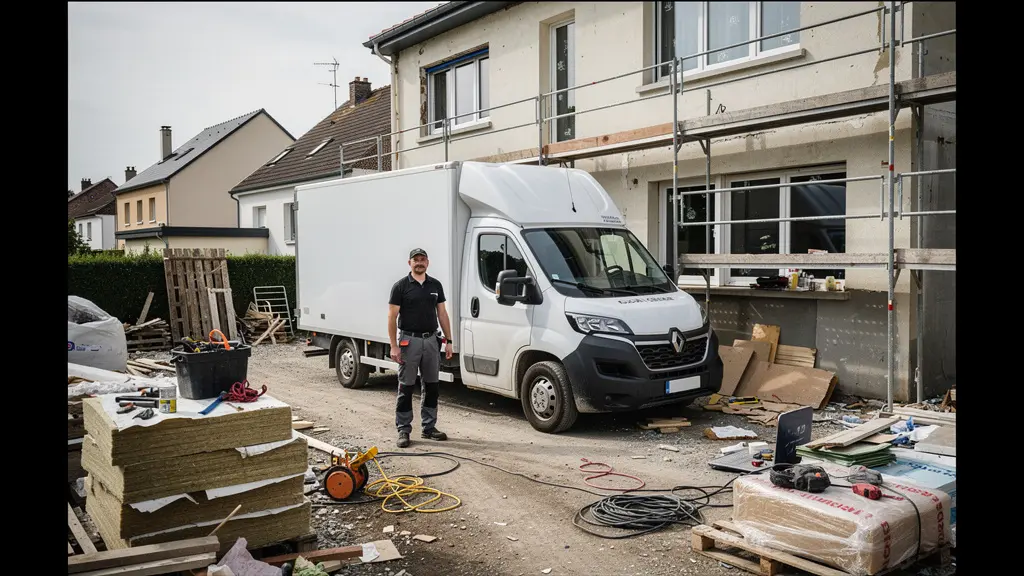 Camion de livraison déchargeant des matériaux de construction sur un chantier