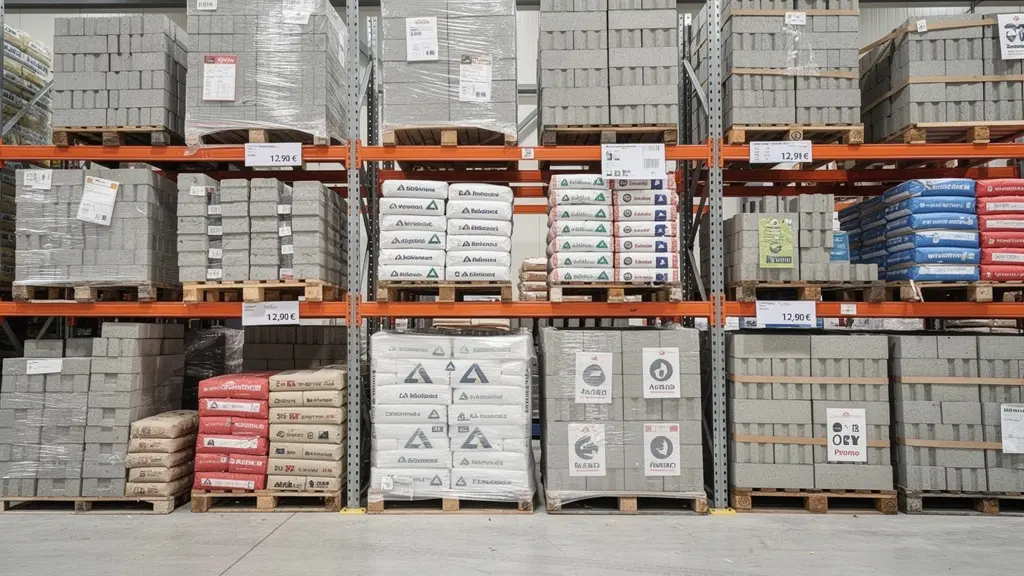 Palettes de parpaings et sacs de ciment stockés dans un dépôt de matériaux organisé