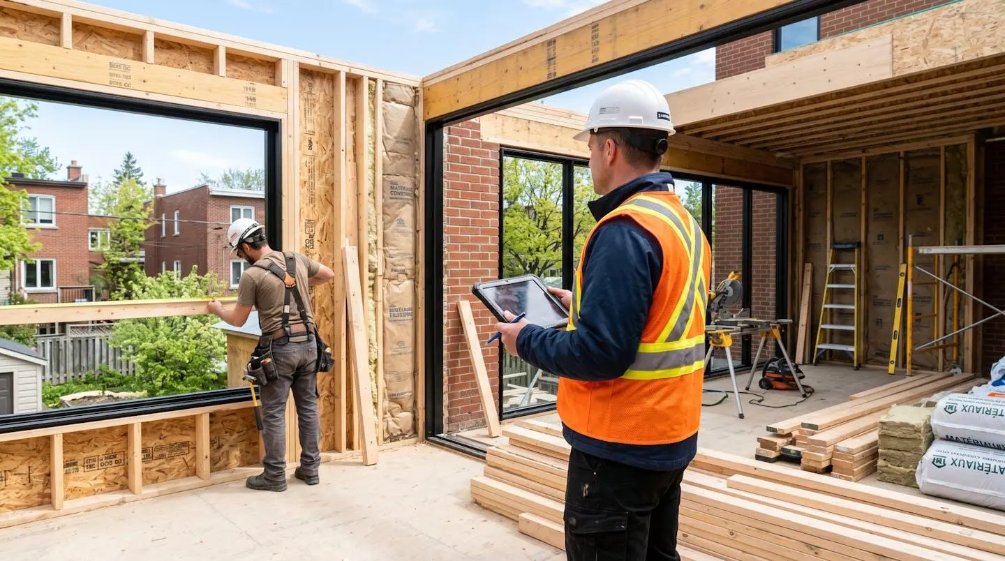 Vue de dos d'un entrepreneur ou chef de chantier vêtu d'un gilet de sécurité, inspectant des travaux de structure sur un agrandissement résidentiel à Montréal, dans un environnement de construction moderne et lumineux