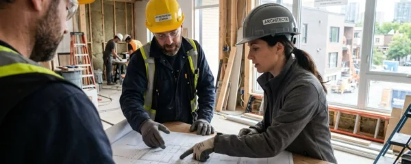 Un entrepreneur et un propriétaire consultent des plans architecturaux sur un chantier de rénovation résidentielle, vus par-dessus l'épaule dans un environnement de construction moderne et lumineux