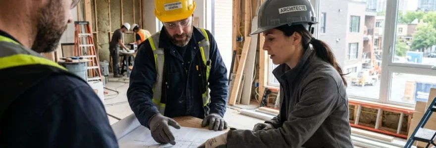 Un entrepreneur et un propriétaire consultent des plans architecturaux sur un chantier de rénovation résidentielle, vus par-dessus l'épaule dans un environnement de construction moderne et lumineux