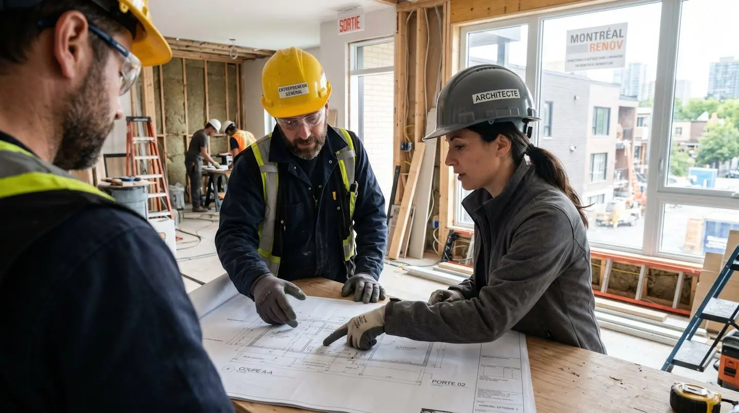 Un entrepreneur et un propriétaire consultent des plans architecturaux sur un chantier de rénovation résidentielle, vus par-dessus l'épaule dans un environnement de construction moderne et lumineux