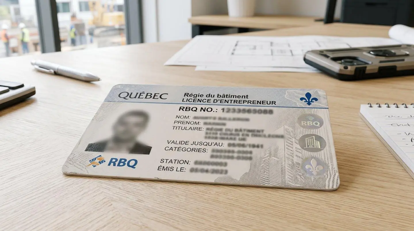 Gros plan rapproché sur une carte de licence RBQ ou un badge d'entrepreneur posé sur une surface de bureau moderne, avec un flou artistique en arrière-plan