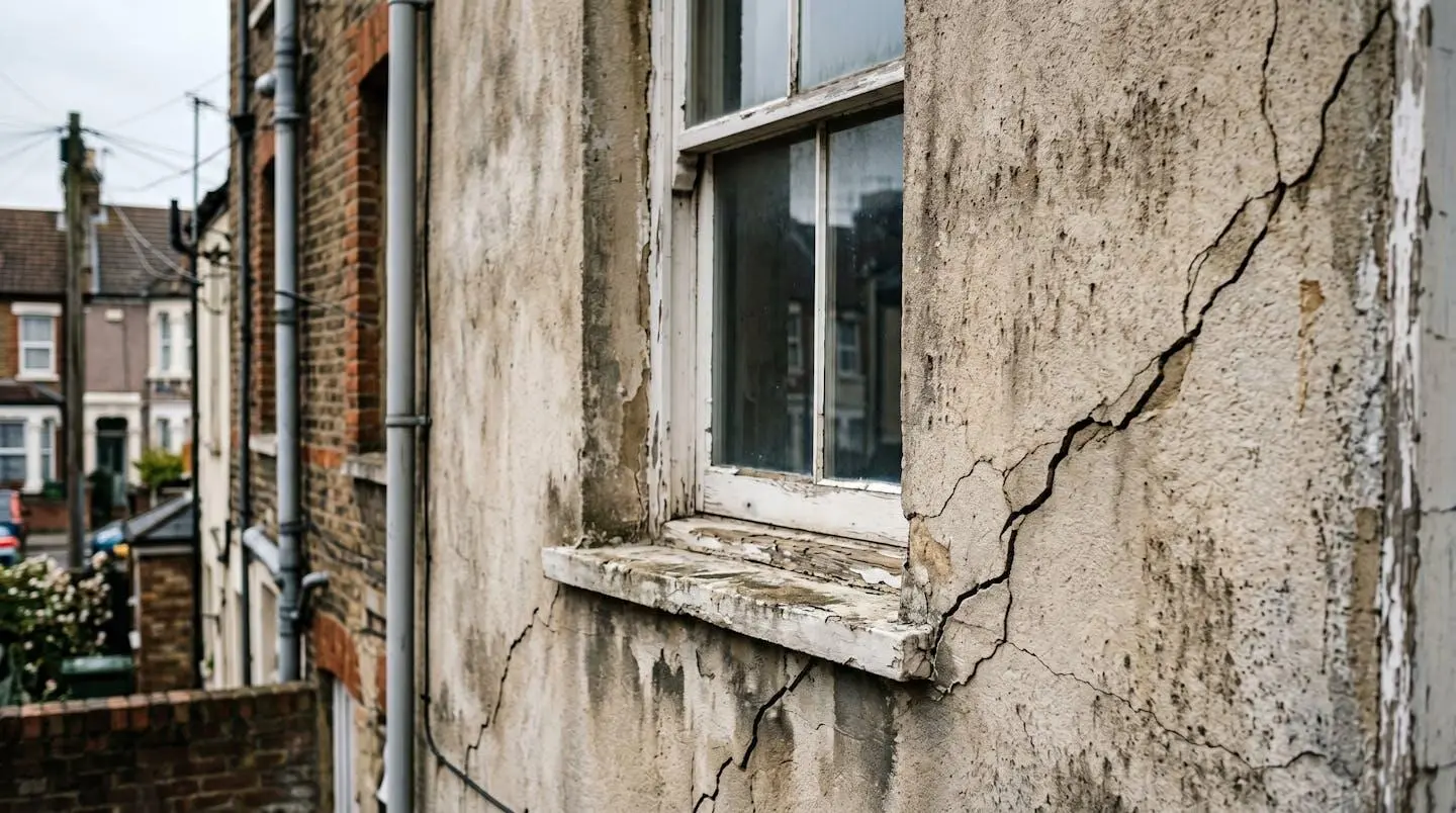 Fissures en façade d'une maison individuelle causées par le retrait-gonflement des argiles