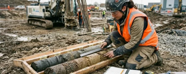 Ingénieur géotechnicien analysant une carotte de sol prélevée sur un chantier de construction