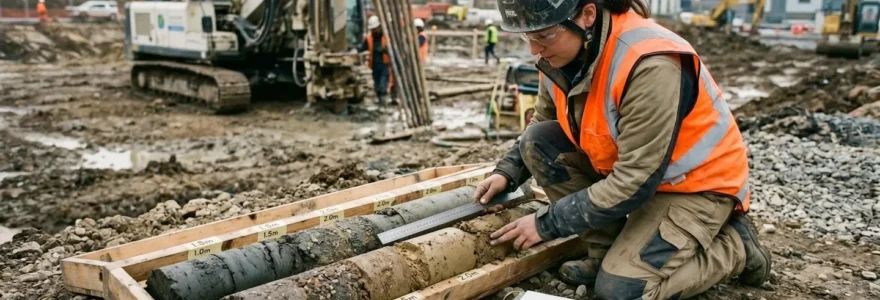 Ingénieur géotechnicien analysant une carotte de sol prélevée sur un chantier de construction