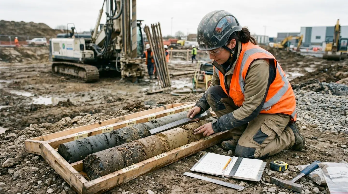 Ingénieur géotechnicien analysant une carotte de sol prélevée sur un chantier de construction