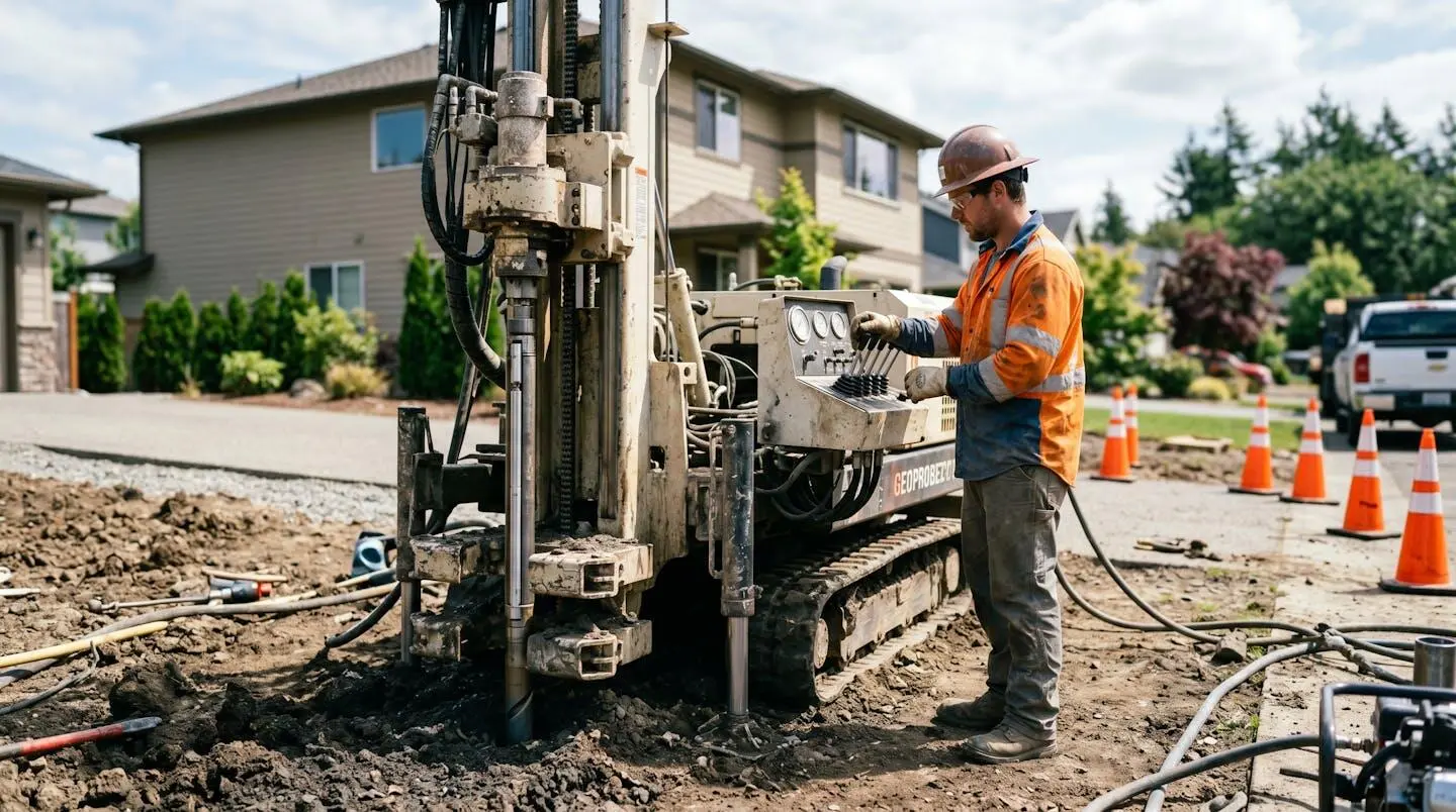 Technicien réalisant un sondage pressiométrique sur un terrain destiné à la construction d'une maison individuelle