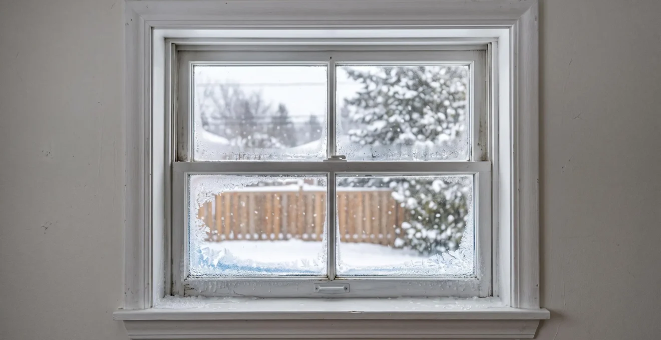 Cadre intérieur d'une fenêtre résidentielle québécoise en hiver montrant givre et condensation concentrés aux jonctions, signes d'infiltration d'air