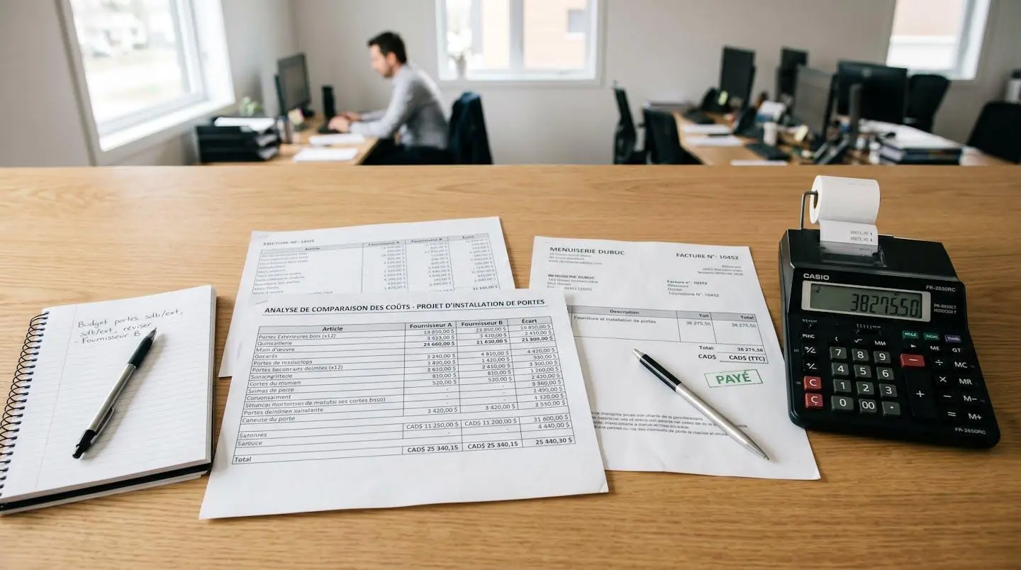 Documents d'analyse de coûts et factures disposés sur un bureau avec calculatrice