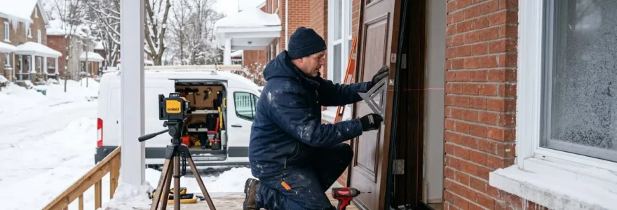 Installateur professionnel utilisant un niveau laser pour installer une porte extérieure sur une résidence québécoise en hiver
