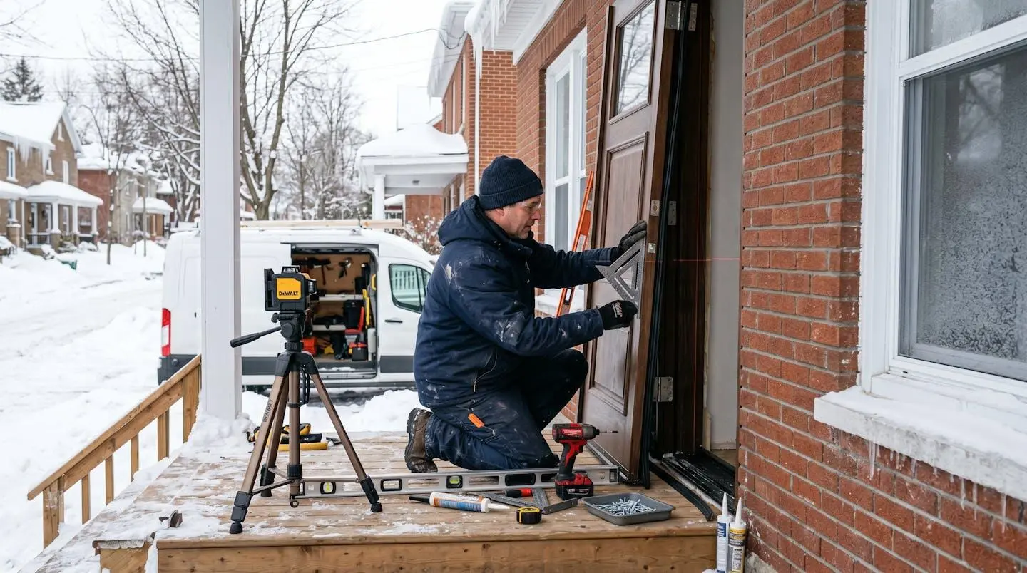 Installateur professionnel utilisant un niveau laser pour installer une porte extérieure sur une résidence québécoise en hiver