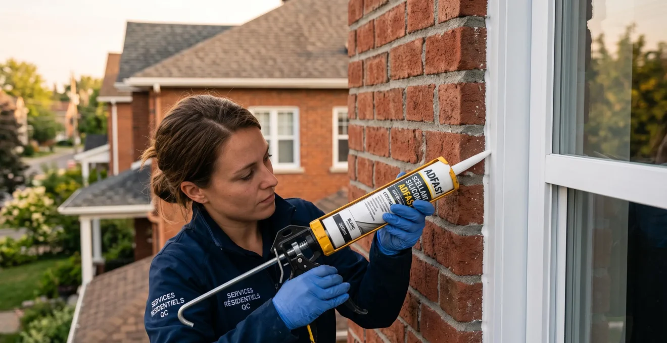 Technicien professionnel appliquant un cordon de scellant blanc Adfast avec un pistolet à calfeutrage le long du cadre extérieur d'une fenêtre en PVC d'une maison résidentielle québécoise en brique