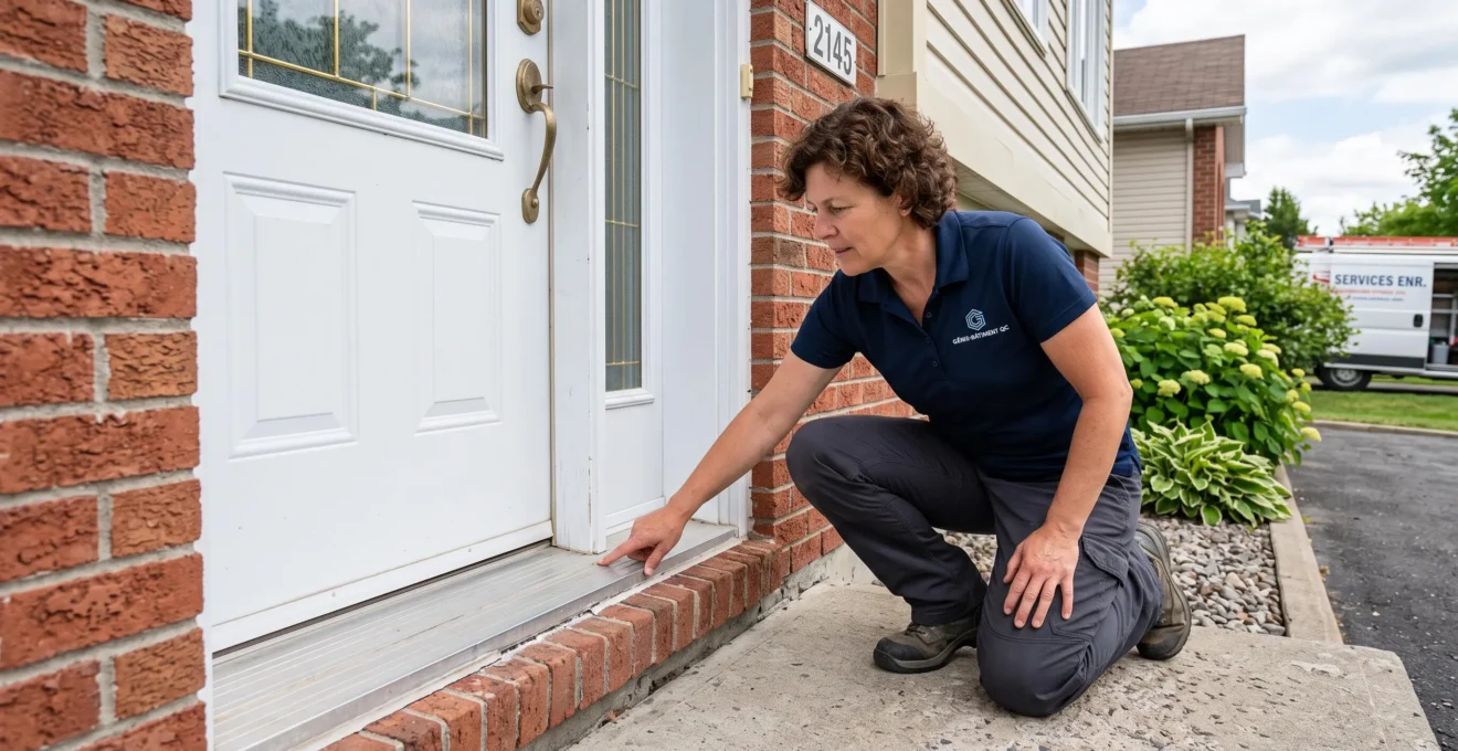 Technicien professionnel accroupi inspectant visuellement le seuil métallique et la jonction du cadre d'une porte extérieure résidentielle québécoise