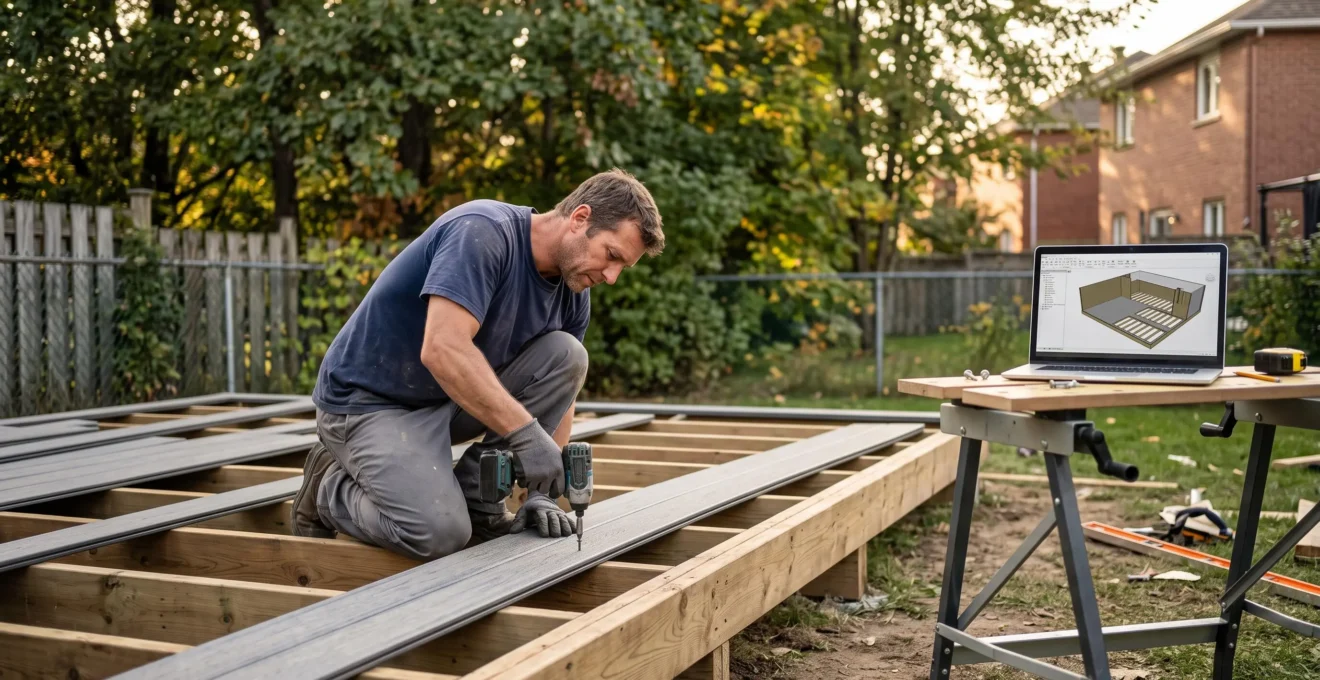 Un installateur fixe une lame de composite sur la structure d'un patio en construction dans une cour résidentielle, un plan 3D affiché sur un ordinateur portable à proximité.