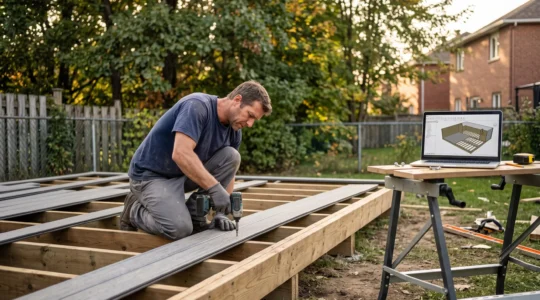 Un installateur fixe une lame de composite sur la structure d'un patio en construction dans une cour résidentielle, un plan 3D affiché sur un ordinateur portable à proximité.