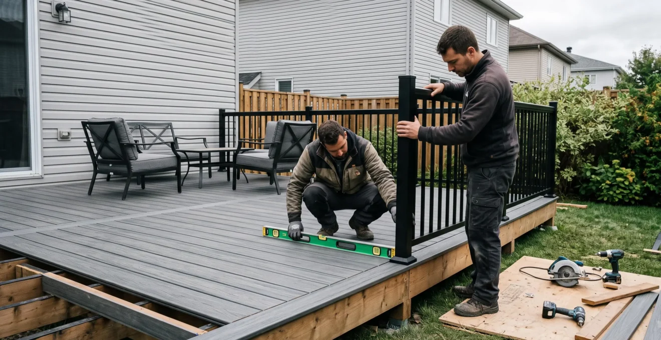 Deux ouvriers vérifient le niveau d'une lame de composite et alignent un poteau de rampe lors de la finition d'un patio résidentiel.