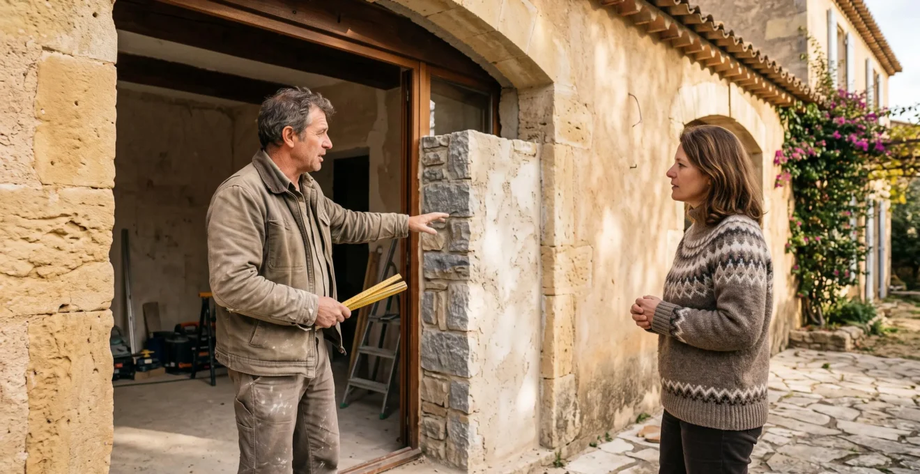 Un artisan de maçonnerie explique les travaux à un propriétaire devant un chantier.