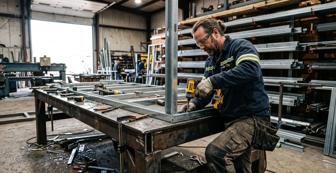 Un ouvrier visse un profilé acier sur une table de fabrication en atelier.
