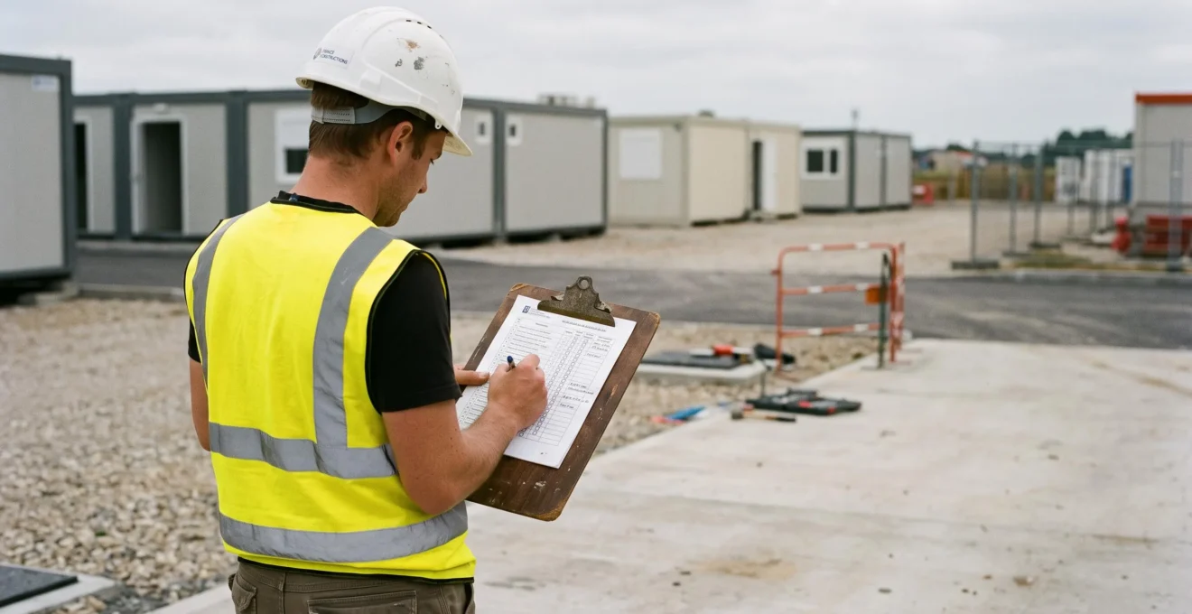 Un conducteur de travaux vérifie une liste de contrôle sur son chantier de modules installés.
