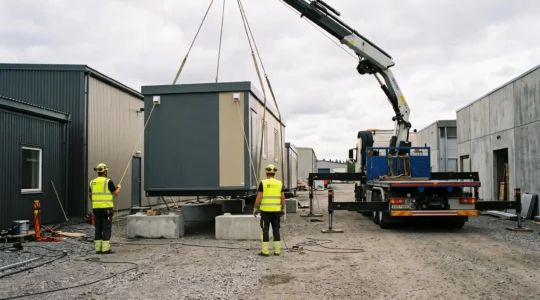 Une grue dépose un module de chantier sur ses fondations pendant que deux ouvriers guident la charge.
