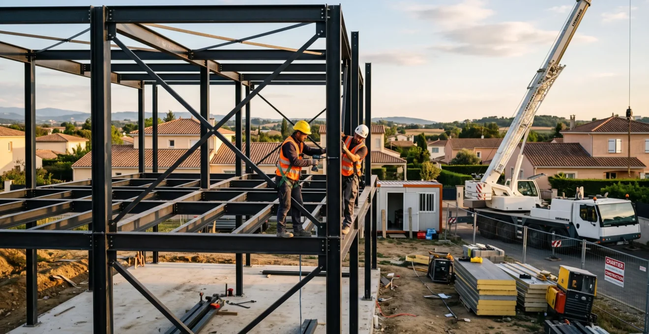 Deux monteurs élèvent la structure métallique d'une maison individuelle sur un chantier.
