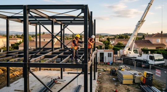 Deux monteurs élèvent la structure métallique d'une maison individuelle sur un chantier.