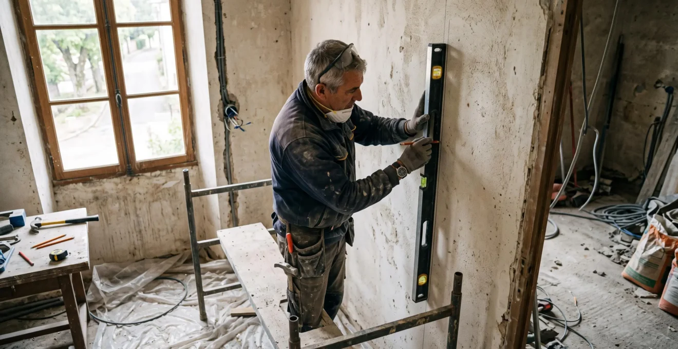 Un maçon trace au niveau à bulle les repères d'une future ouverture sur un mur intérieur.