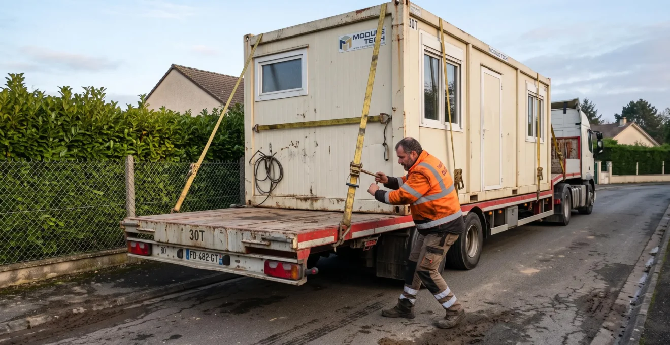 Un chauffeur vérifie les sangles d'arrimage d'un module transporté sur une remorque plateau.